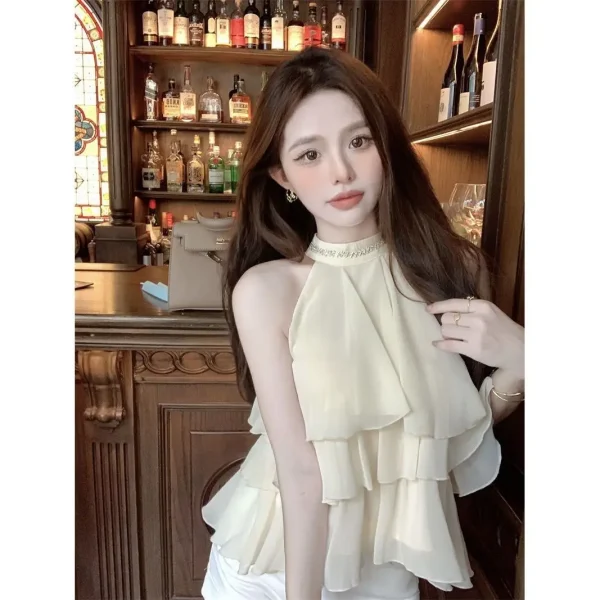 Hanging Neck Cake Blouse Women Tierred Irregular Ruffle Voile Shirt Elegant Chiffon Sexy Top Female Sweet Thin Summer Clothes - Image 3