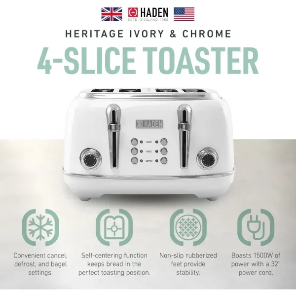 Heritage Stainless Steel 4-Slice Toaster with Extra-Wide Slots, Ivory - Image 2