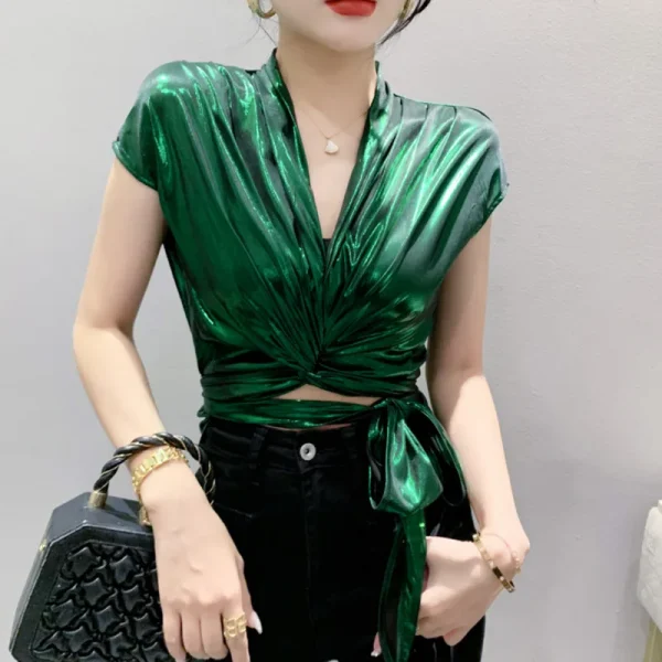 Street wear Gold Silver Green Shinny Short Sleeve Blouse Women Sexy Irregular Short Wrap Shirt Female Bandage Summer Tops - Image 6
