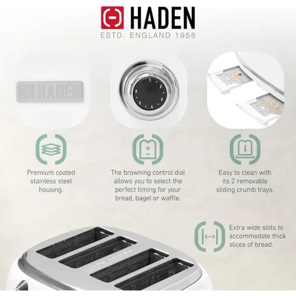 Heritage Stainless Steel 4-Slice Toaster with Extra-Wide Slots, Ivory - Image 3
