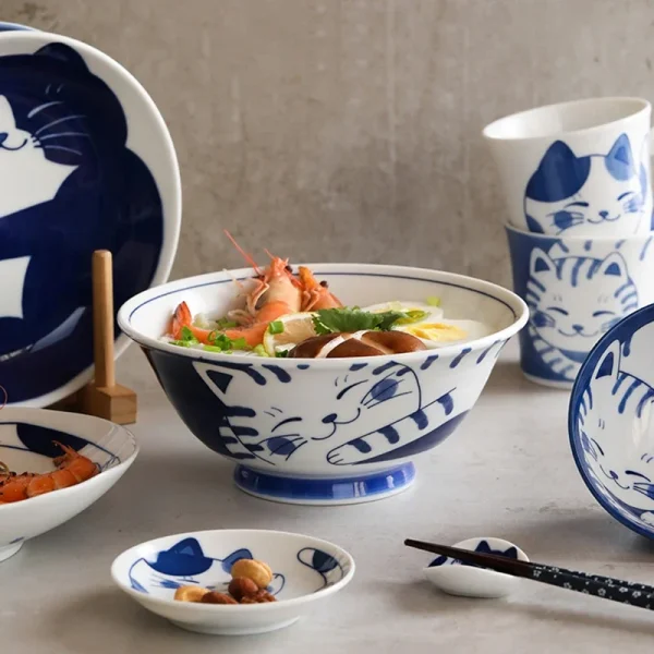Cute Cat Ceramic Plate Japanese Plate Blue and White Porcelain Bowl Home Creative Personality Plate Home Kitchen Tableware - Image 2