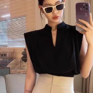 Camisas De Mujer 2025 Women Blouses V-neck Sleeveless Shirts Temperament Solid Color Crop Tops Summer Vintage All Match Blouse