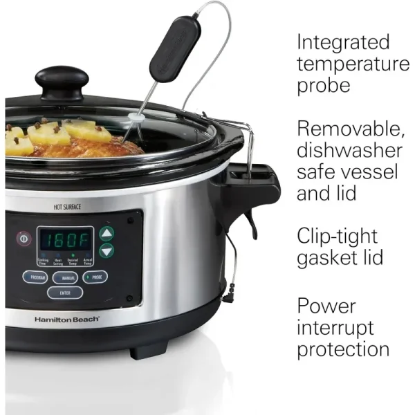 Hamilton Beach Portable 6 Quart Set & Forget Digital Programmable Slow Cooker Lock,Dishwasher Safe Crock & Lid,Temperature Probe - Image 3