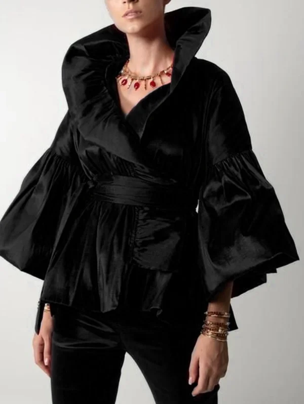 Casual Puff Long Sleeve Ruffles Blouse Office Lady Solid Color Women Wrap Shirts Lapel Collar Elegant Shirt Woman Fashion Female - Image 2