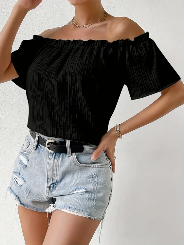 Summer Elegant Strapless Shirt for Women Casual Office Lady Solid Chiffon Blouses Fashion Off the Shouder Tops - Image 4