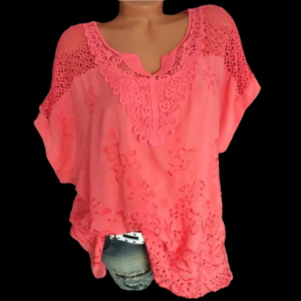Large Size Loose Short-Sleeved Lace Women Blouses Cotton Blouses 2024 Summer V-neck White Shirt Tops Sexy Fashion Women Shirt - Image 10