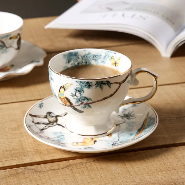 Flower and bird coffee cups and saucers, hand-painted ceramic mugs, household afternoon tea cups - Image 2