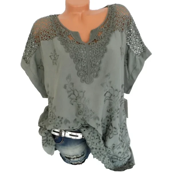 Large Size Loose Short-Sleeved Lace Women Blouses Cotton Blouses 2024 Summer V-neck White Shirt Tops Sexy Fashion Women Shirt - Image 8