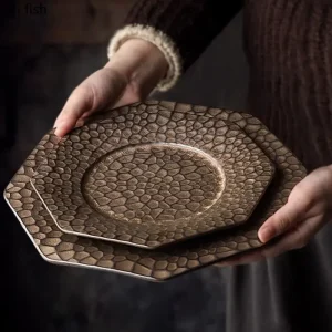 Retro Ceramic Plate Restaurant Hammer Pattern Dessert Plate Sushi Plate Pasta Dish Serving Plates Molecular Cuisine Tableware