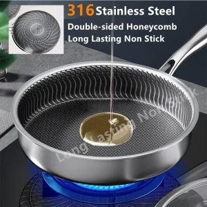 316 Stainless Steel Wok Honeycomb Frying Pan Steak Cooking Flat Bottom Non-Stick Pan Induction Cooker Universal Kitchen Cookware