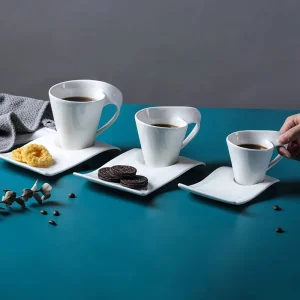 European Wave Porcelain Coffee Cup and Saucer Set White Ceramic Coffee Cup Breakfast Cup with Saucer Modern Home Decoration
