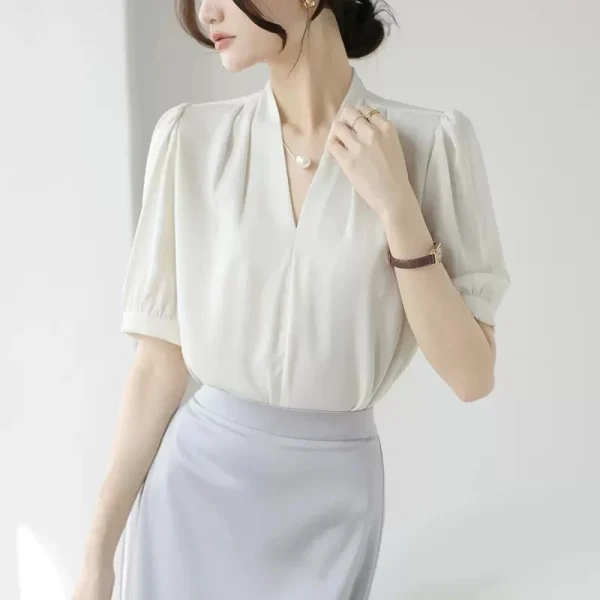 2025 Fashion Summer Short Sleeve V-Neck Women Blouse White Blouse Shirt Women Tops Blouses Shirts Blusas De Mujer Camisas P856 - Image 5