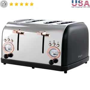 4 Slice Wide Slot Toaster Stainless Steel Breakfast Maker Adjustable Browning Defrost Crumb Tray Fast Cooking Kitchen Appliance