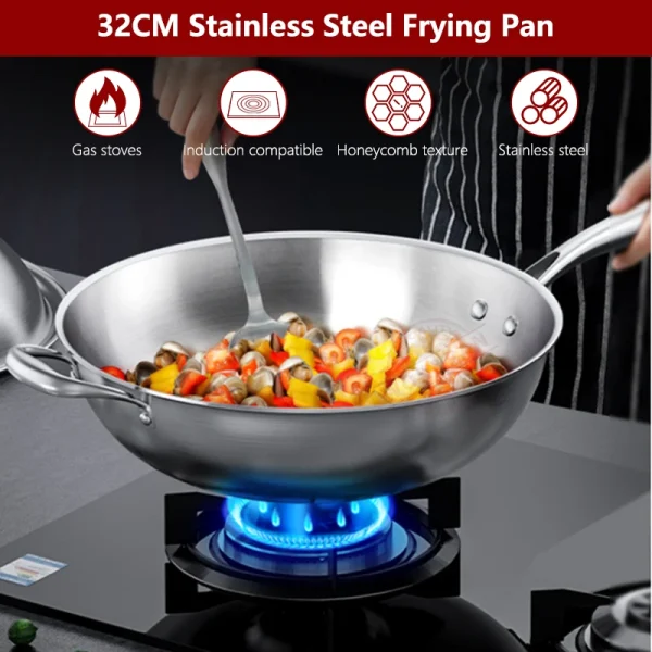 32cm Induction Wok Pan with Lid and Auxiliary Handle Tri-Ply Stainless Steel Wok Kitchen Cooking Pan for Dishwasher & Oven Safe - Image 3