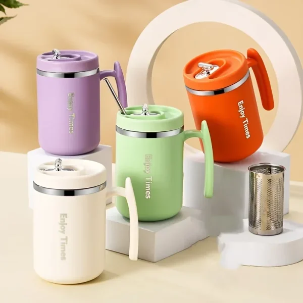 304 Stainless Steel Coffee Mug With Lid Tea Cup Thermal Mug With Tea Strainer And Straw Water Bottle - Image 2