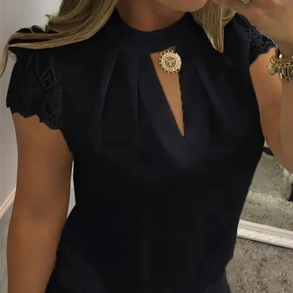Woman Blouse 2025 V-Neck Lace Casual Shirt Solid Loose Short Sleeve Shirts Sleeve Lace Casual Tank Tops Blouse Sexy Blusas - Image 2