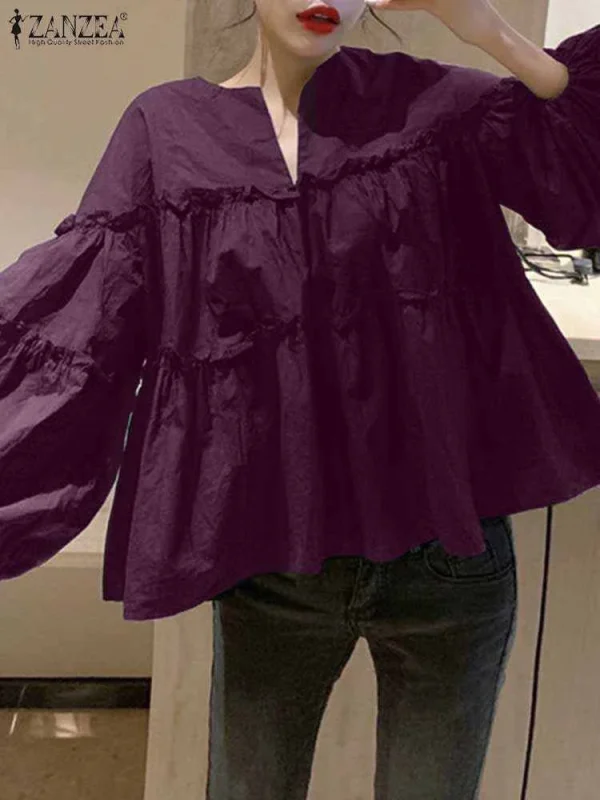 ZANZEA Fashion Women Long Puff Sleeve Blouse Autumn Spring Eelgant Shirt Ruffles Blusas Femininas Mujer Party Work Tops Tunic - Image 5