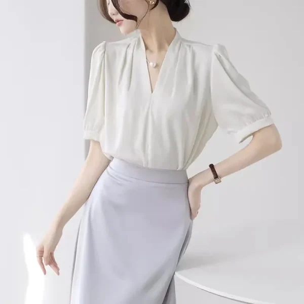 2025 Fashion Summer Short Sleeve V-Neck Women Blouse White Blouse Shirt Women Tops Blouses Shirts Blusas De Mujer Camisas P856 - Image 4