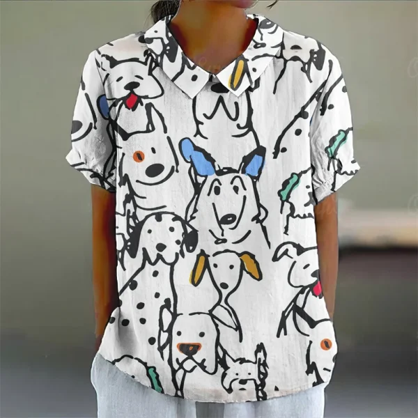Summer Women Blouse Hawaii Cartoon Puppy Printed T-Shirts Fashion Lapel Short Sleeve Tees Tops Women Casual Pulovers Clothing - Image 9