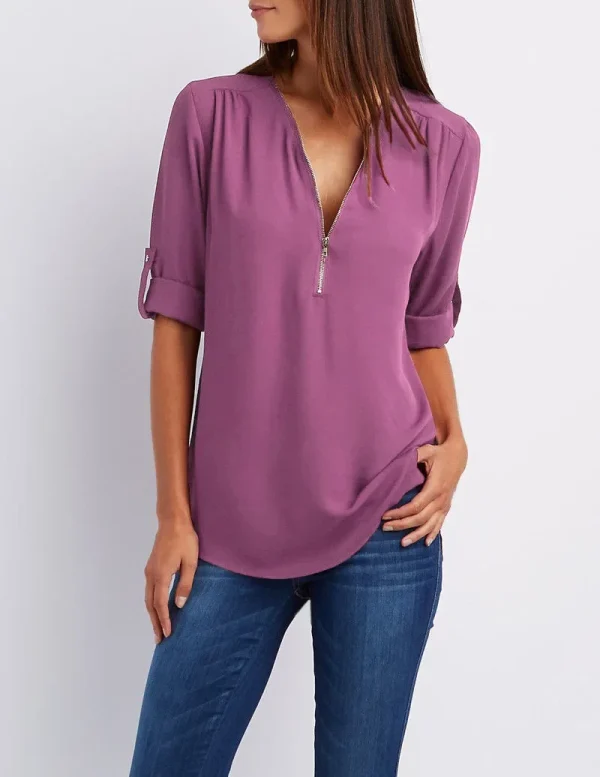 2025 Hot Sale Women Cool Loose Shirt Deep V Neck Chiffon Fashion Blouse Casual Ladies Tops Sexy Zipper Pullover Plus Size - Image 8
