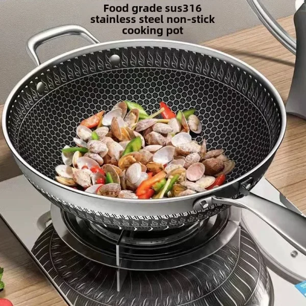Double-sided screen 316 stainless steel wok Non-coated wok non-stick household induction cooker gas universal wok - Image 2