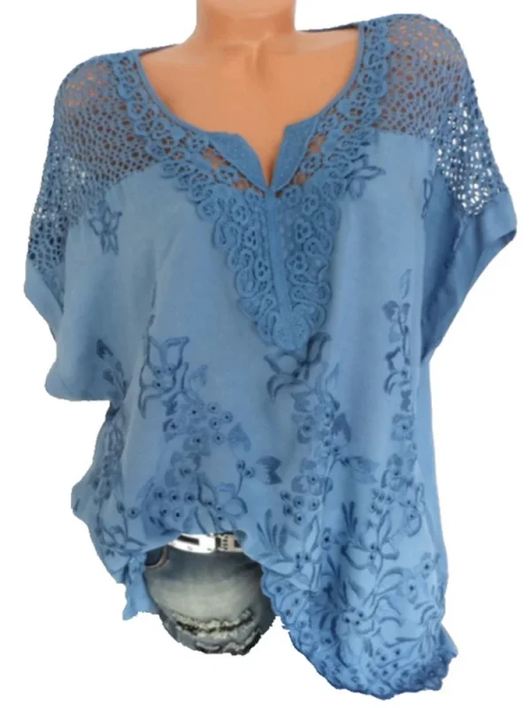 Large Size Loose Short-Sleeved Lace Women Blouses Cotton Blouses 2024 Summer V-neck White Shirt Tops Sexy Fashion Women Shirt - Image 2