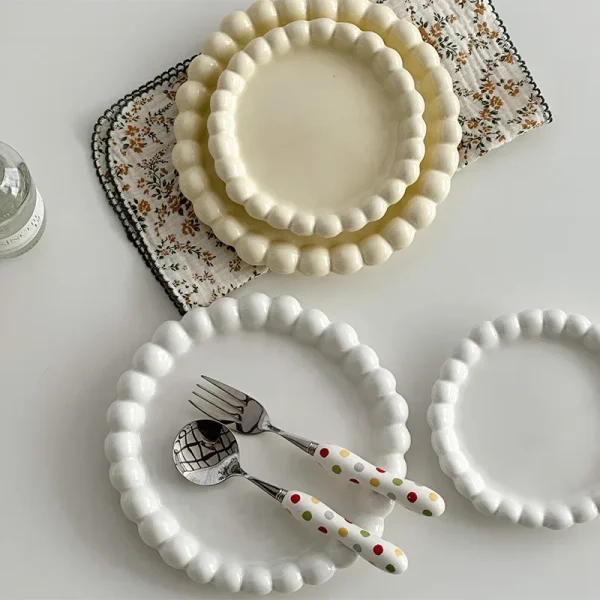 White/Yellow Beads Ceramic Plate Round Tableware Main Dish Western Food Decorative Plate Kitchen Utensils Cake Decorative Tray - Image 4
