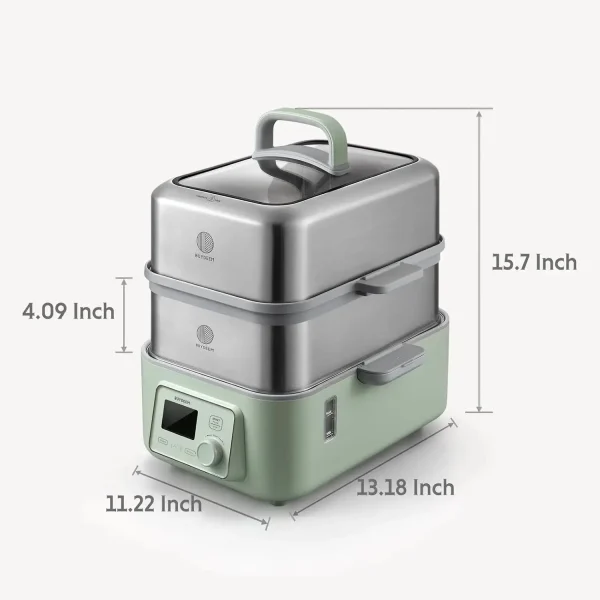 G563-A501 Electric Food Steamer for Cooking, 2 Tire Stainless Steel Steamer with Slow Cook Mode, 1500W, 10-Quart, Green - Image 3