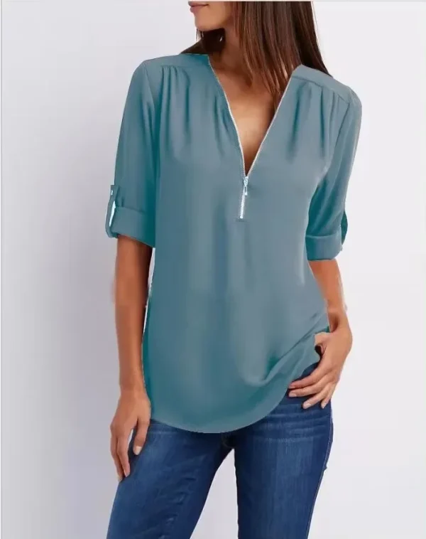 2025 Hot Sale Women Cool Loose Shirt Deep V Neck Chiffon Fashion Blouse Casual Ladies Tops Sexy Zipper Pullover Plus Size - Image 6