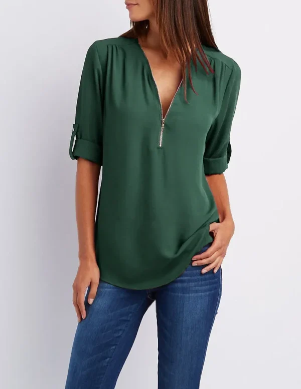 2025 Hot Sale Women Cool Loose Shirt Deep V Neck Chiffon Fashion Blouse Casual Ladies Tops Sexy Zipper Pullover Plus Size - Image 17