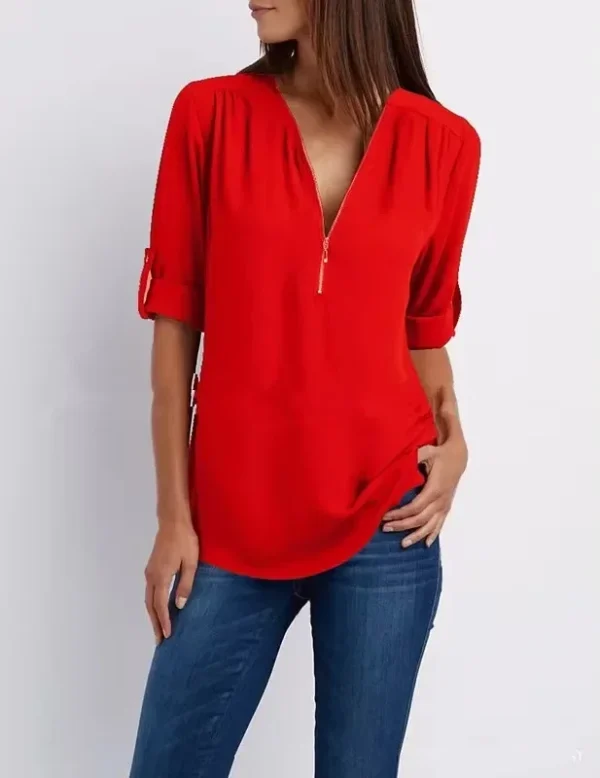 2025 Hot Sale Women Cool Loose Shirt Deep V Neck Chiffon Fashion Blouse Casual Ladies Tops Sexy Zipper Pullover Plus Size - Image 7