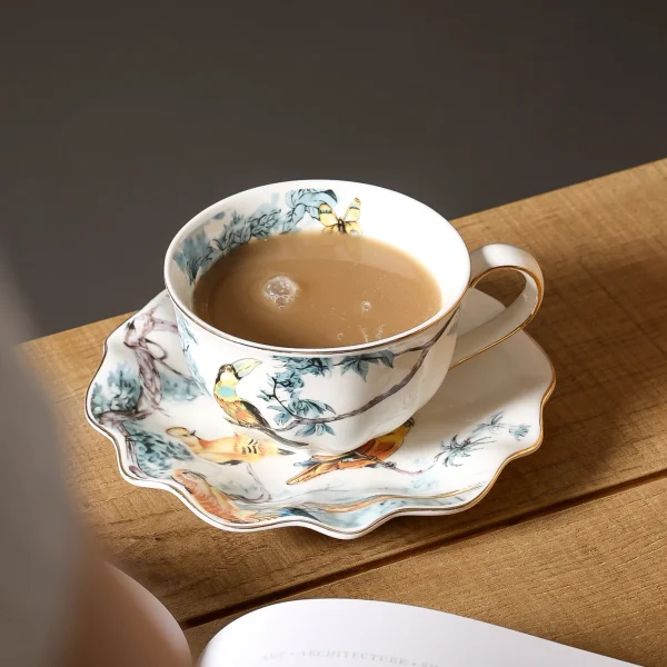 Flower and bird coffee cups and saucers, hand-painted ceramic mugs, household afternoon tea cups - Image 3