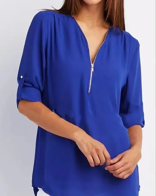 2025 Hot Sale Women Cool Loose Shirt Deep V Neck Chiffon Fashion Blouse Casual Ladies Tops Sexy Zipper Pullover Plus Size - Image 3
