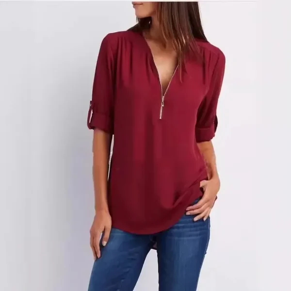 2025 Hot Sale Women Cool Loose Shirt Deep V Neck Chiffon Fashion Blouse Casual Ladies Tops Sexy Zipper Pullover Plus Size - Image 4