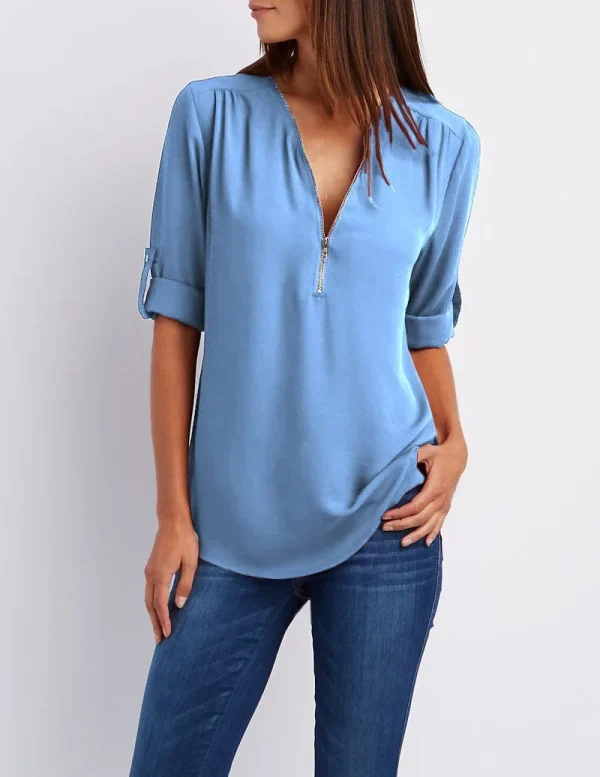 2025 Hot Sale Women Cool Loose Shirt Deep V Neck Chiffon Fashion Blouse Casual Ladies Tops Sexy Zipper Pullover Plus Size - Image 14