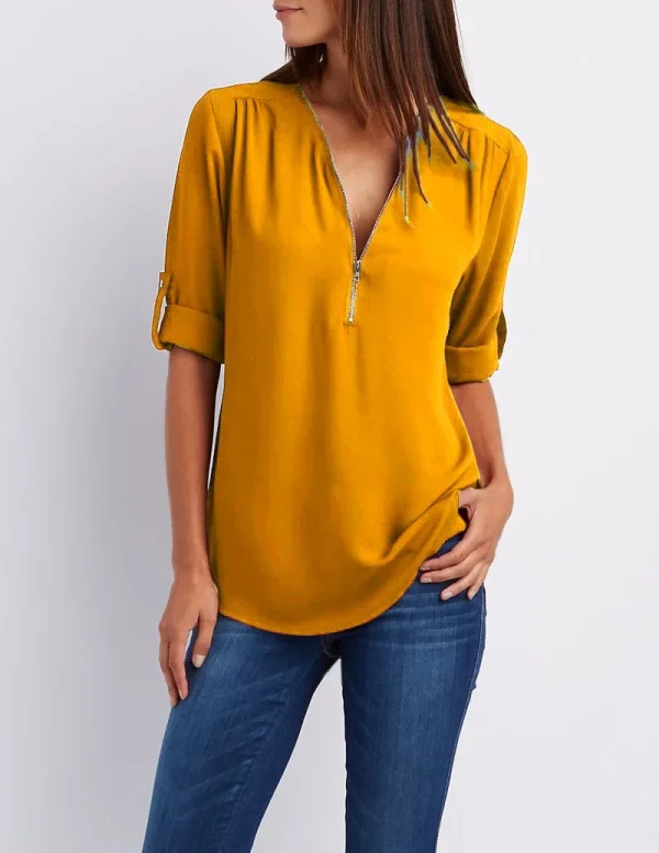 2025 Hot Sale Women Cool Loose Shirt Deep V Neck Chiffon Fashion Blouse Casual Ladies Tops Sexy Zipper Pullover Plus Size - Image 12