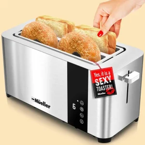 Mueller UltraToast 4-Slice Toaster - Stainless Steel with Extra-Wide Slots, Cancel/Defrost/Reheat Functions, LED Display & Crumb