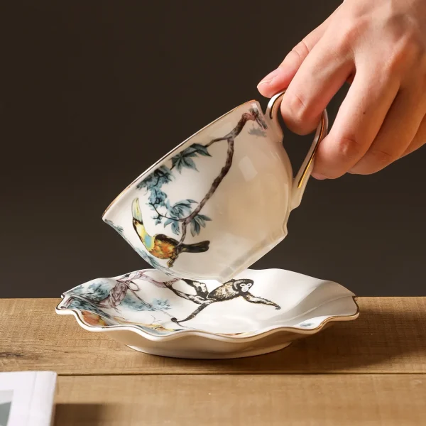 Flower and bird coffee cups and saucers, hand-painted ceramic mugs, household afternoon tea cups - Image 4