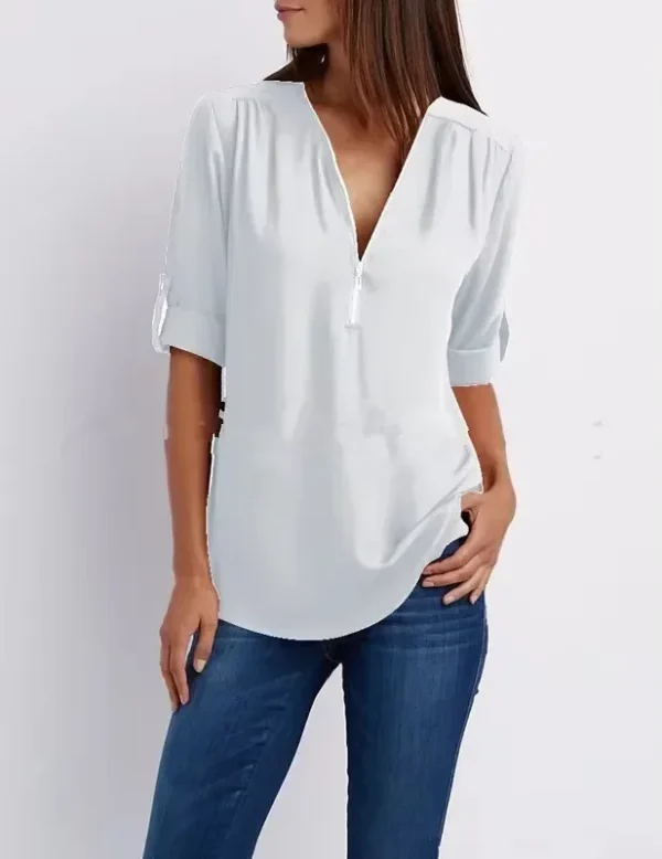 2025 Hot Sale Women Cool Loose Shirt Deep V Neck Chiffon Fashion Blouse Casual Ladies Tops Sexy Zipper Pullover Plus Size - Image 13
