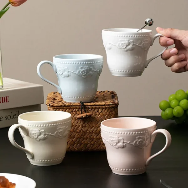 Embossed ceramic water cups, mugs, coffee and restaurant drink cups, high-end and light luxury household drinking utensils - Image 3