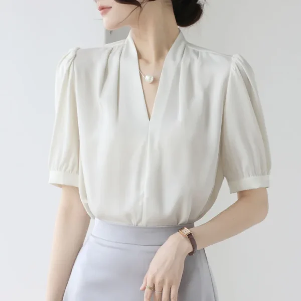 2025 Fashion Summer Short Sleeve V-Neck Women Blouse White Blouse Shirt Women Tops Blouses Shirts Blusas De Mujer Camisas P856 - Image 2