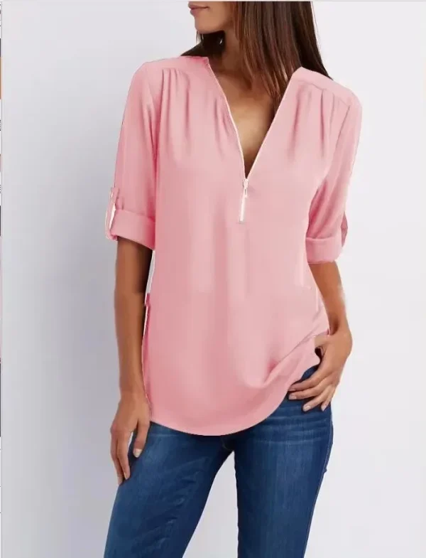2025 Hot Sale Women Cool Loose Shirt Deep V Neck Chiffon Fashion Blouse Casual Ladies Tops Sexy Zipper Pullover Plus Size - Image 15
