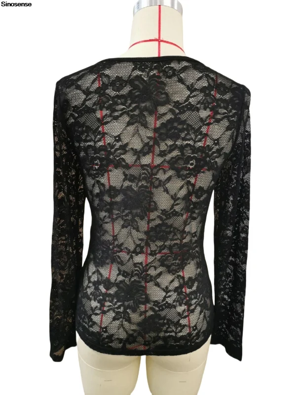 Women Long Sleeve Sheer Mesh Blouse Sexy See Through V Neck Floral Lace Shirt Y2K Daily Wear Street Dating Night Club Party Tops - Image 6