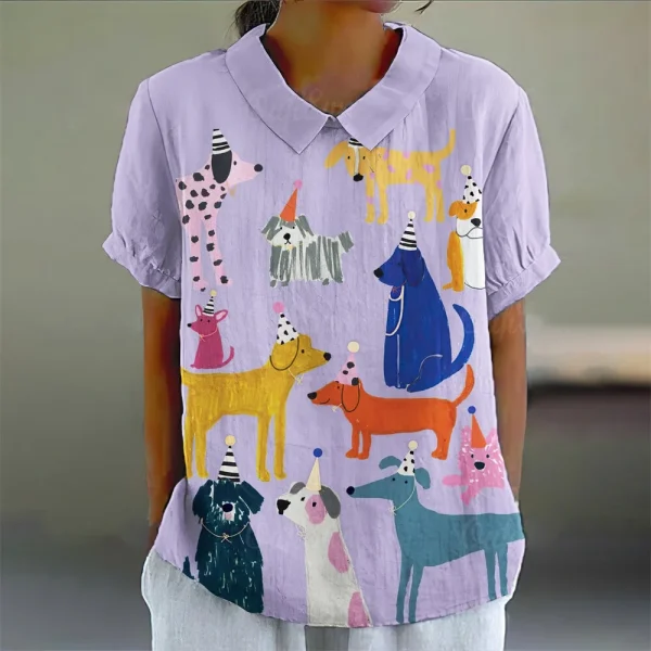 Summer Women Blouse Hawaii Cartoon Puppy Printed T-Shirts Fashion Lapel Short Sleeve Tees Tops Women Casual Pulovers Clothing - Image 2