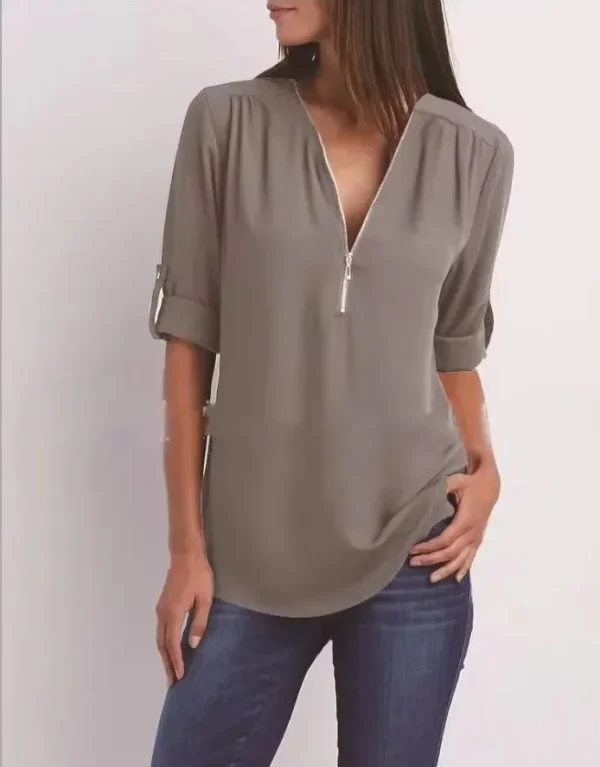 2025 Hot Sale Women Cool Loose Shirt Deep V Neck Chiffon Fashion Blouse Casual Ladies Tops Sexy Zipper Pullover Plus Size - Image 5