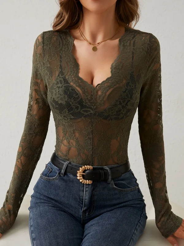 Women Long Sleeve Sheer Mesh Blouse Sexy See Through V Neck Floral Lace Shirt Y2K Daily Wear Street Dating Night Club Party Tops - Image 10