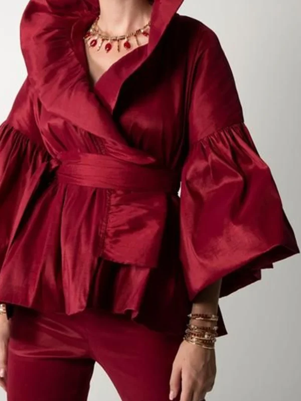 Casual Puff Long Sleeve Ruffles Blouse Office Lady Solid Color Women Wrap Shirts Lapel Collar Elegant Shirt Woman Fashion Female - Image 3