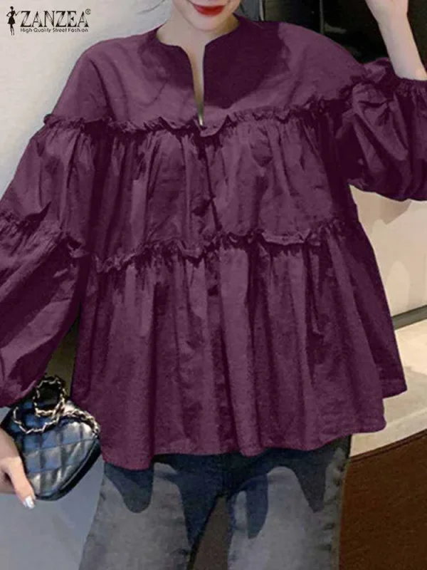 ZANZEA Fashion Women Long Puff Sleeve Blouse Autumn Spring Eelgant Shirt Ruffles Blusas Femininas Mujer Party Work Tops Tunic - Image 10