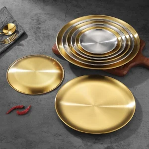 Gold Stainless Steels Round Plate Rust-Proof Shallow Tray Plate Camping Plate BBQ Picnic Dishes Cookware