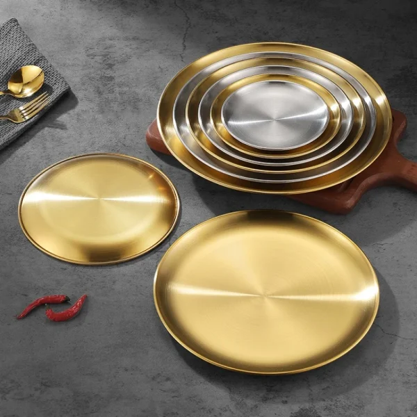 Gold Stainless Steels Round Plate Rust-Proof Shallow Tray Plate Camping Plate BBQ Picnic Dishes Cookware